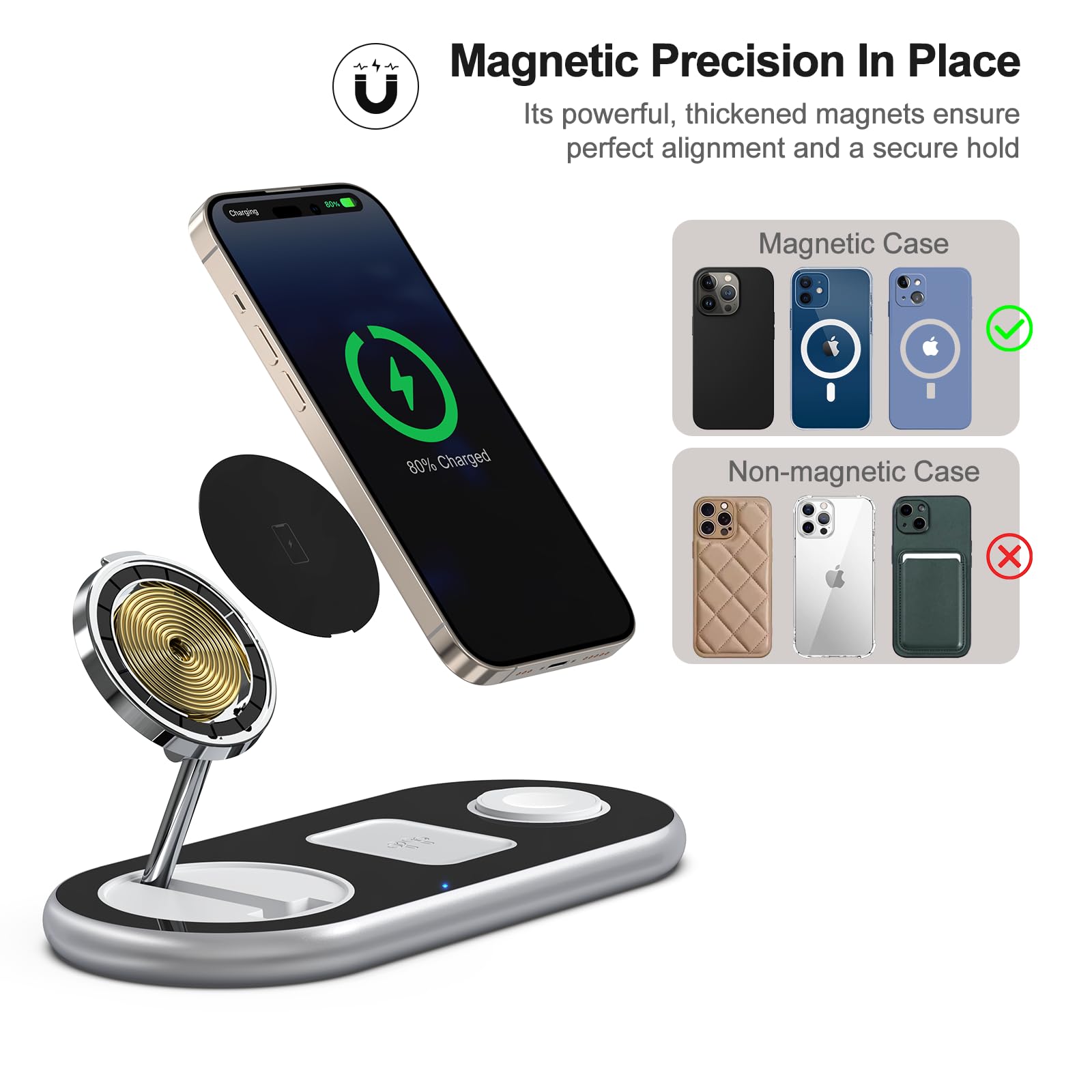 3 in 1 Charging Station for Apple Devices, Faster Mag-Safe Charger Stand, Magnetic Wireless Charger Station for iPhone 17 16 15 14 13 12 Pro Max Plus, Apple Watch iwacth & AirPods, Adjustable Angle