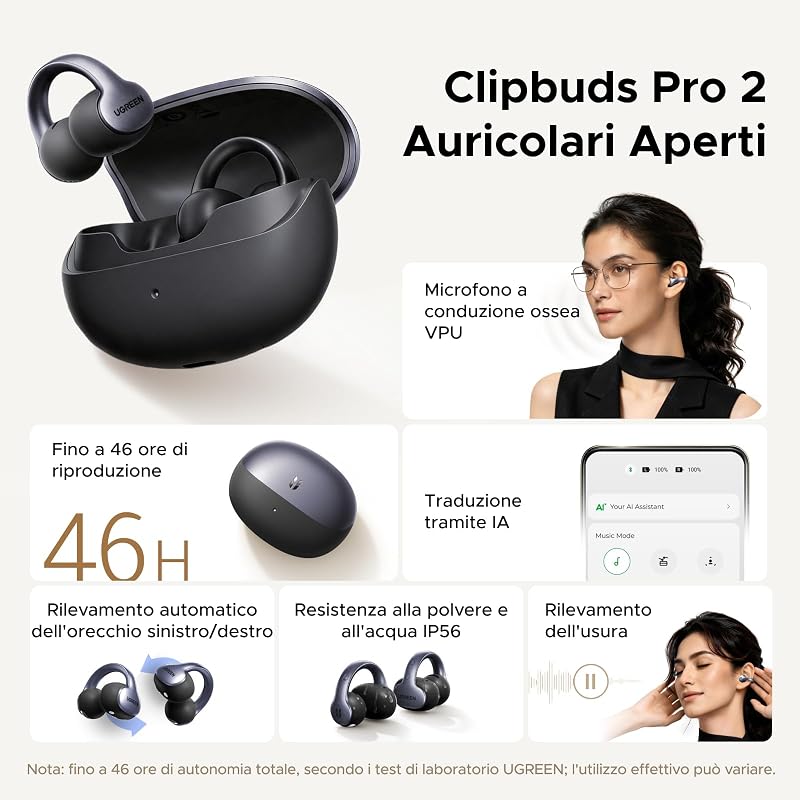 ClipBuds Pro 2 Cuffie Bluetooth Traduzione Tramite IA Hi Res 46H