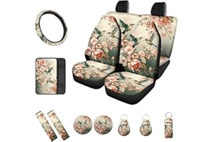 BIGCARJOB 13 Pcs Car Seat Cover Full Set with Hummingbird Flower Print Steering Wheel Cover Seat Belt Pads Armrest Cushion Chapstick Keyring Holder Flower Bird Car Accessories Set