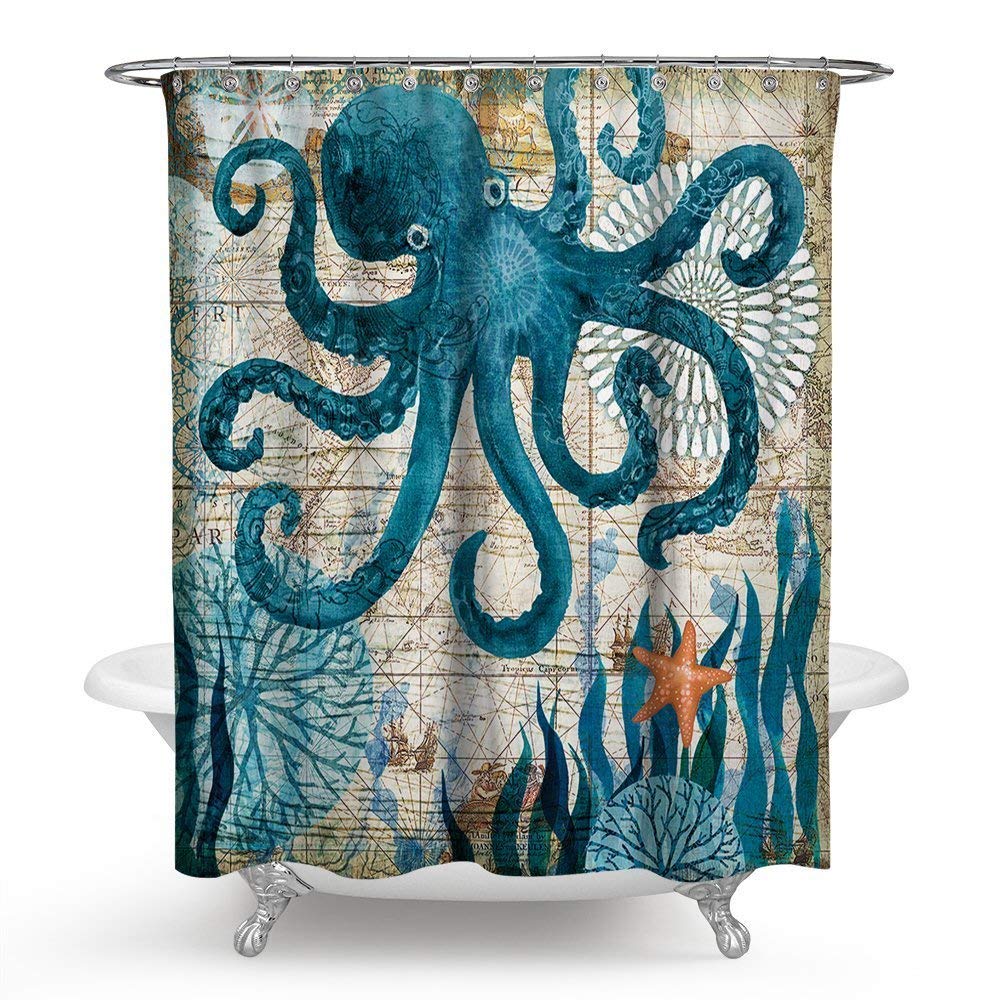 Ruiuzioong Bathroom Shower Curtain Ocean Creature Landscape Fabric Bathroom Curtain Durable Waterproof and Mildew Resistant Bath Curtain Sets with 12 Hooks (Octopus, 71 * 71inch)