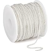 33 Feet Silver Curb Chains Roll, 2MM Silver Plated Brass Flat Twisted Link Chain Spool Bulk for Jewelry Making DIY Craft