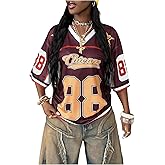 WDIRARA Women's Jersey Shirts Number Graphic T Shirts V Neck Half Sleeve Tees Streetwear Oversized Tops