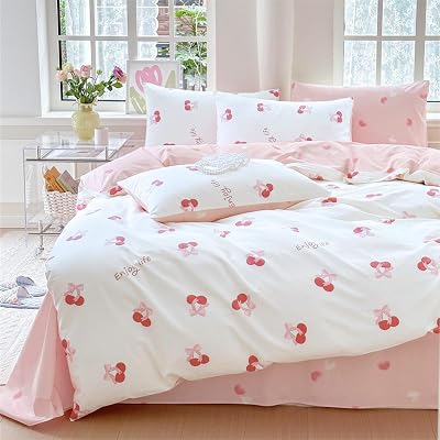 Housse de Couette 140x200 Coeurs Cerises Blanc Rose Parure de lit