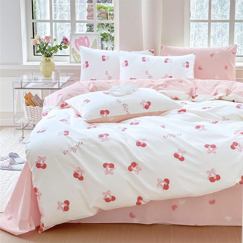 Housse de Couette 140x200 Coeurs Cerises Blanc Rose Parure de lit — photo 1 sur 7