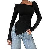 RoseSeek Women's Long Sleeve Asymmetrical Tops Notched Neck T Shirt Slim Fit Elegant Tee