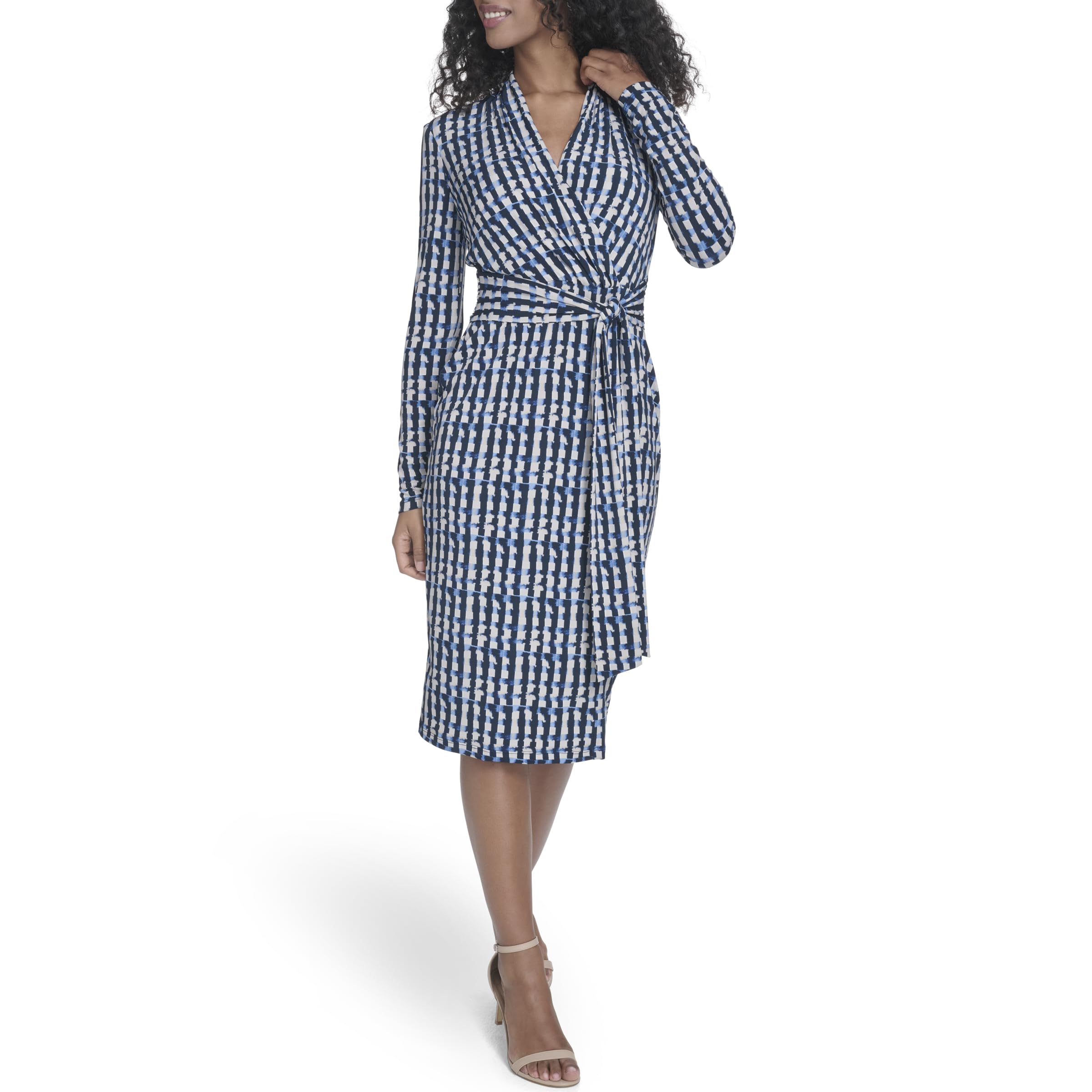 Calvin Klein Women’s Long Sleeve Jersey Tie Waist Wrap Midi Dress, Indigo/Stony Beige Multi, 14