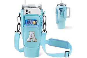 Aganmi Birthday Gifts for Women Initial Water Bottle Carrier Bag with Phone Pocket for Stanley 40oz Tumbler Stanley Cup Accessories Water Bottle Holder Pouch with Strap Mothers Day Gift (Blue A)