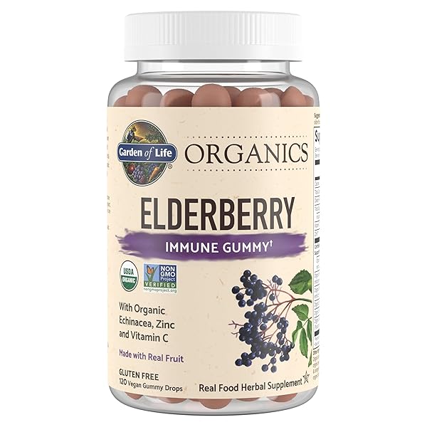 GARDEN OF LIFE ORGANICS ELDERBERRY GUMMIES FOR ADULTS & KIDS – IMMUNE SUPPORT SUPPLEMENT WITH ORGANIC FRUIT, HERBAL BLEND, ELDERBERRY, ECHINACEA, ZINC, VITAMIN C, 120 VEGAN GLUTEN FREE GUMMIES