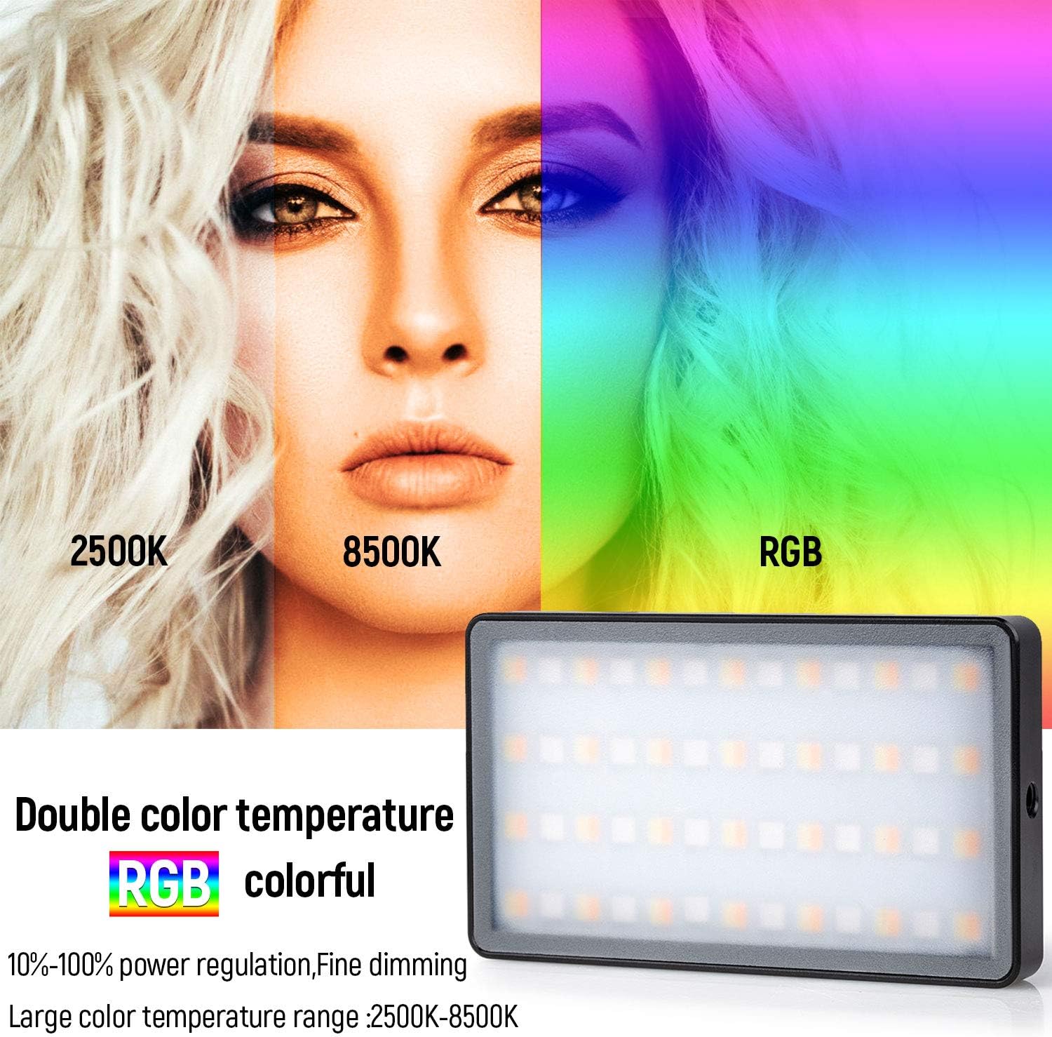 RGB Video Light Adjustable 360° Full Color LED Camera Light, Dimmable 2500K8500K CRI95+ LED