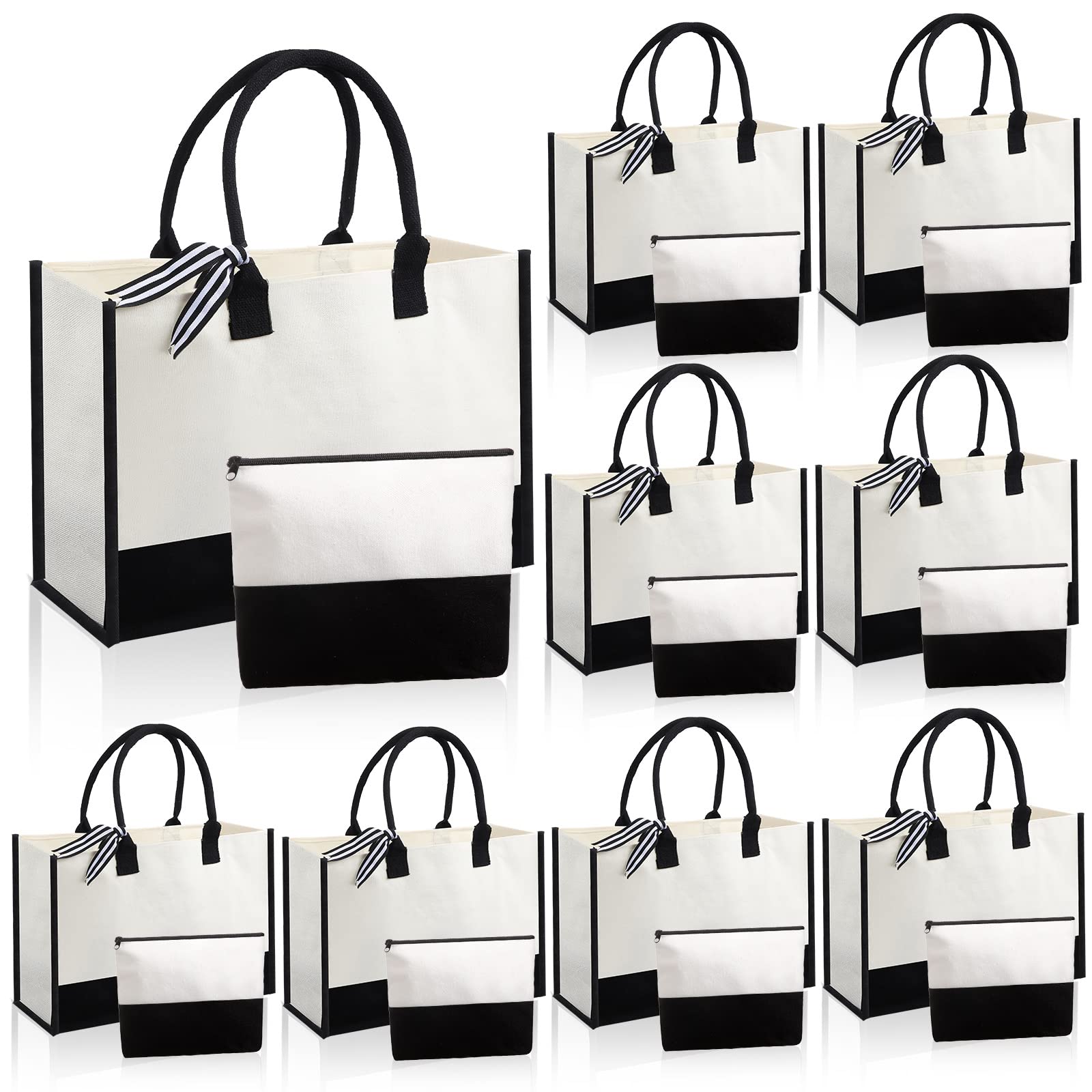 Photo 1 of Sumind 16 Pcs Canvas Tote Bags Bulk Burlap Large Black and White Tote with Handles Ribbon Makeup Bags Gift for Women Beach Wedding Bridesmaid Gifts DIY Craft