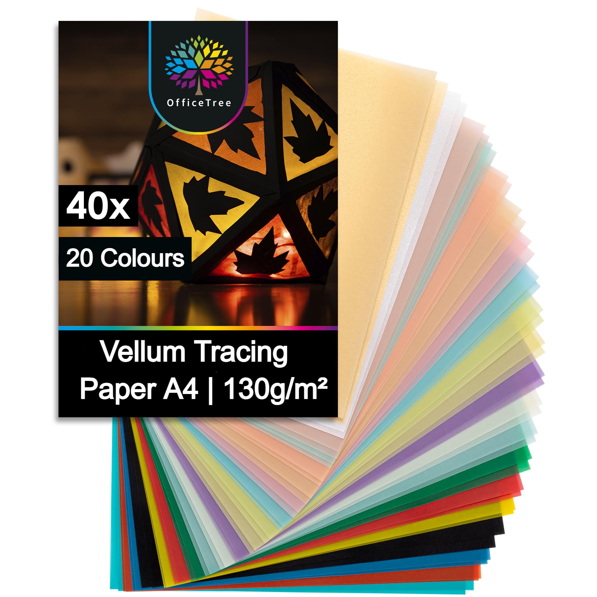 OfficeTree 40 x Coloured Vellum Paper A4 for Craft - 20 Colours Gold & Silver - Printable Vellum Sheets - Coloured Parchment Paper for Craft - Translucent Papers for Making Lanterns