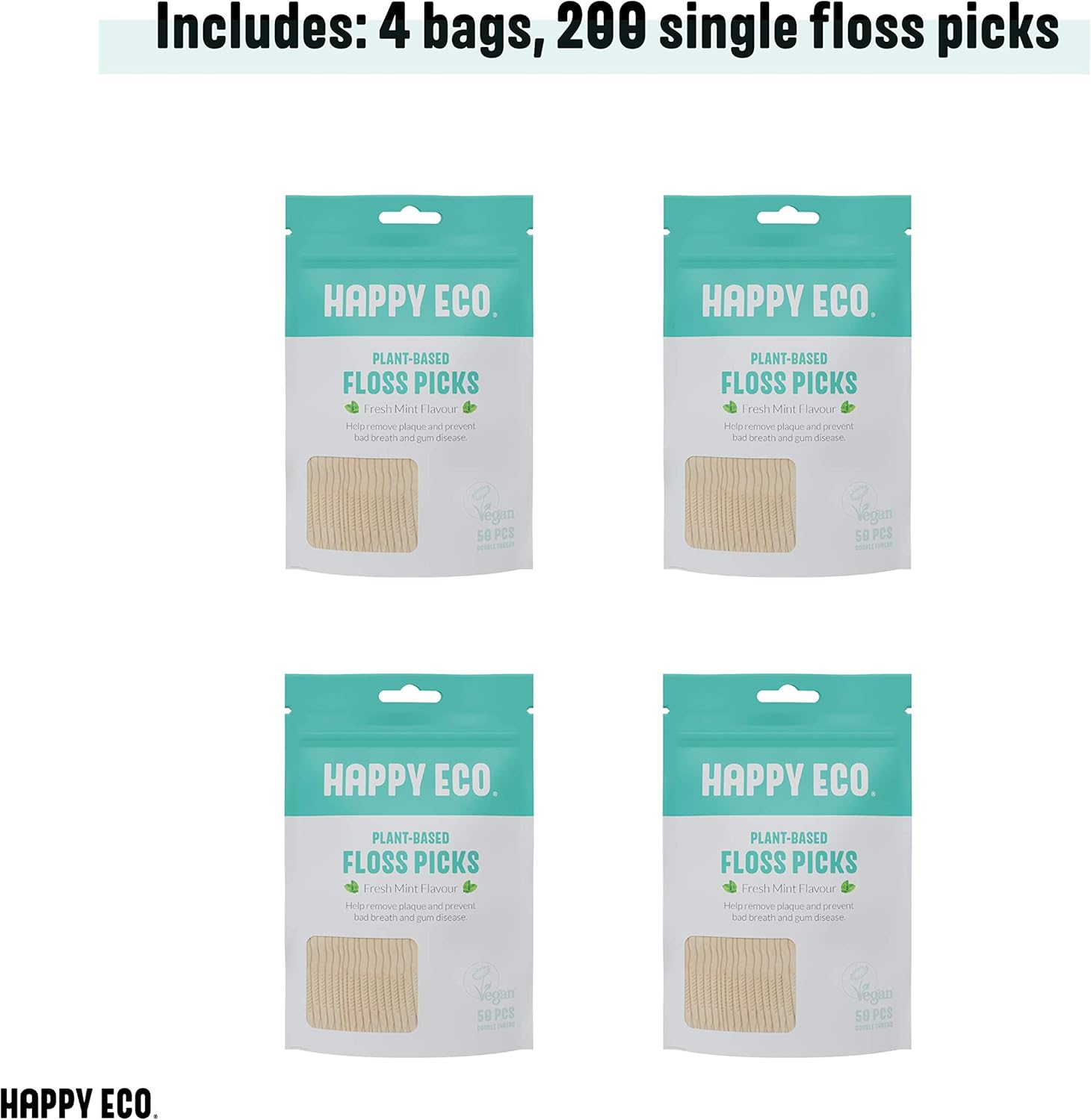 Natural Dental Floss Picks (200count) - BPA Free, Vegan, Sustainable Flossers for Eco-Friendly Teeth Cleaning- Pack of 4 (Mint, Double Thread): Health & Personal Care
