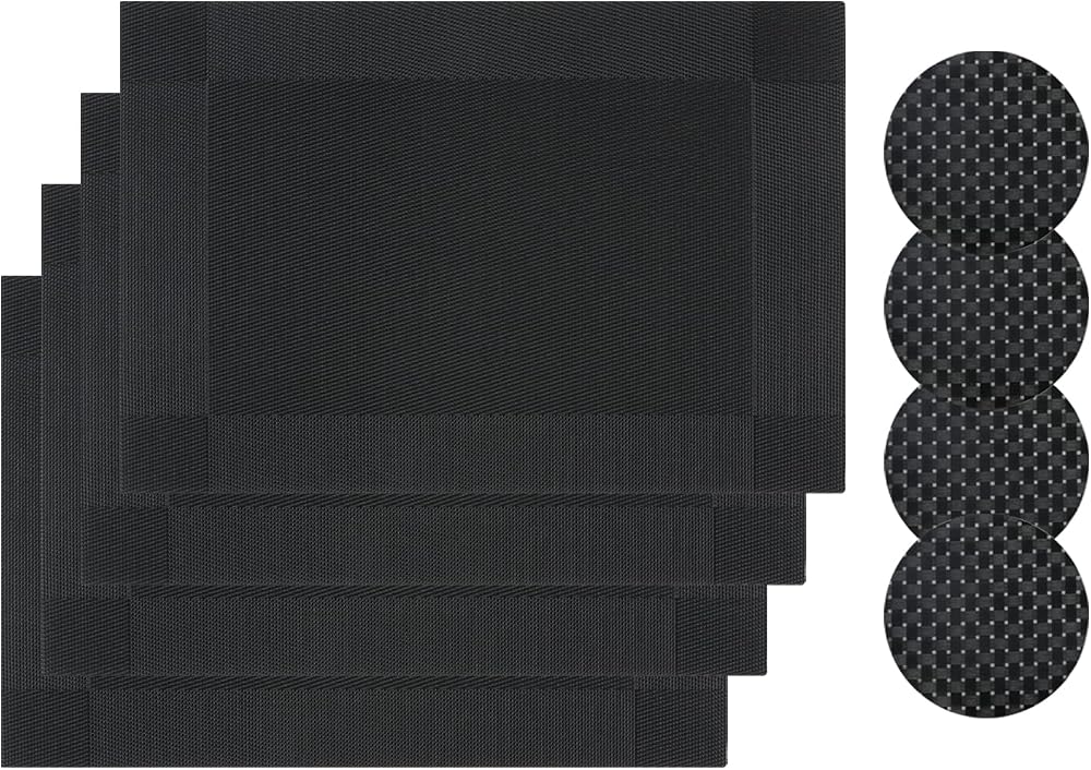 Famibay Placemats and Coasters Set of 4 Black PVC Polyester Heat Resistant