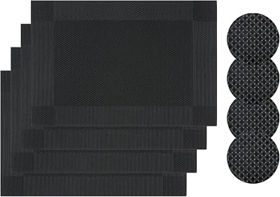 Famibay Placemats and Coasters Set of 4 Black PVC Polyester Heat Resistant