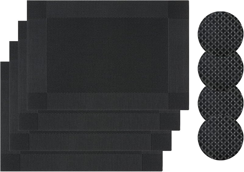 Famibay Placemats and Coasters Set of 4 Black PVC Polyester Heat Resistant