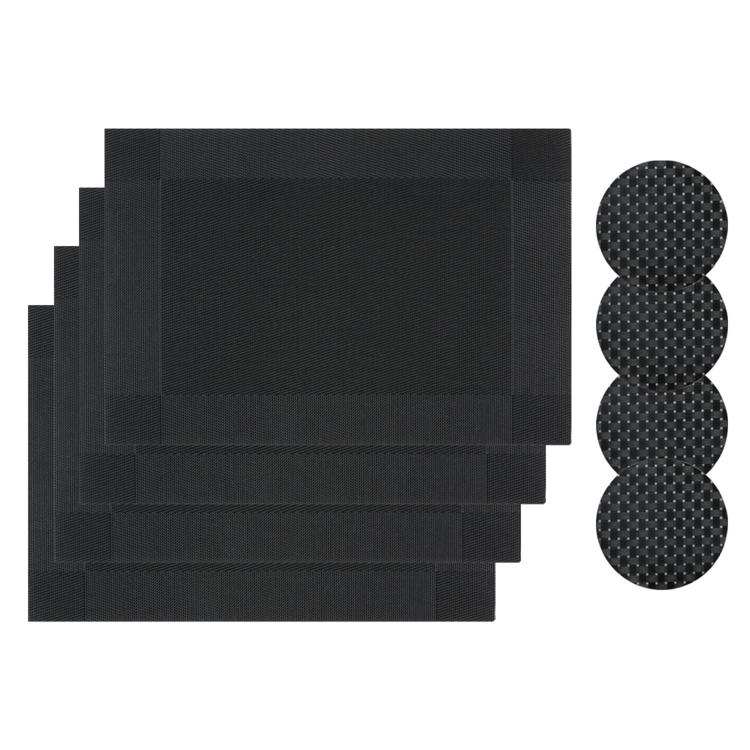 Famibay Placemats and Coasters Sets of 4 Kitchen Place Mats Washable Heat Resistant Table Mats and Coasters Black for Kitchen Dining Restaurant