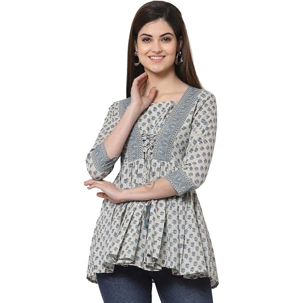 Women's Cotton Printed Kurti Tunic Top - Indian Ethnic Kurta Blouse With 3/4 Sleeves, 48" Length - View #3