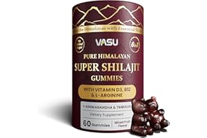 Vasu 6 in 1 Pure Himalayan Gold Shilajit Gummies for Men & Women with Vitamin D3 & B12, L-Arginine, Ashwagandha & Tribulus - Sugar Free Shilajit Resin - 60 Counts for Energy Support - Lab Tested