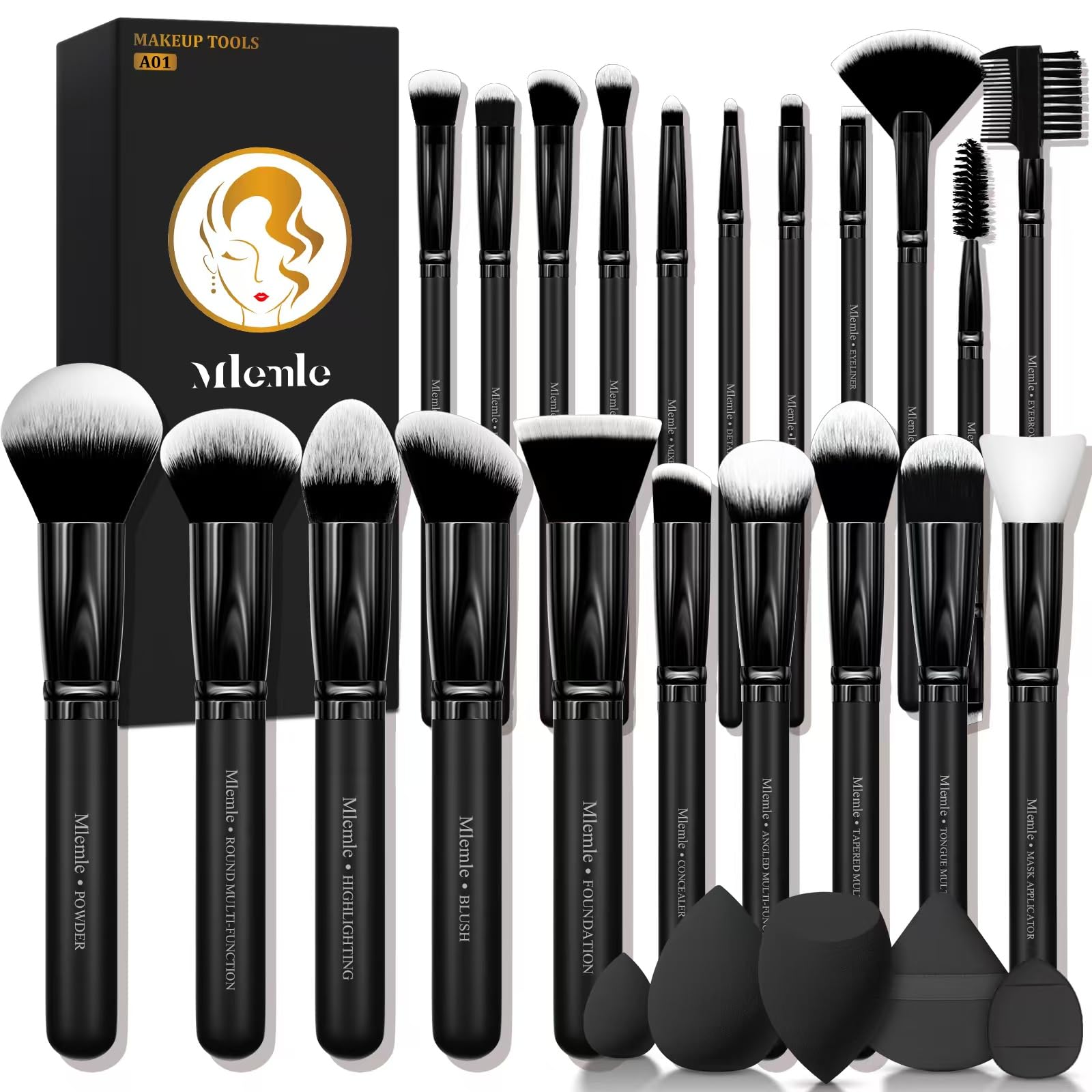Photo 1 of Makeup Brushes Set, Mlemle Professional 26 Pcs Makeup Kit, Include Powder Foundation Concealers Blush Eye shadows 21 Pcs Makeup Brushes and 2 Powder Puff, 3 Makeup Sponge(A01-Black)
