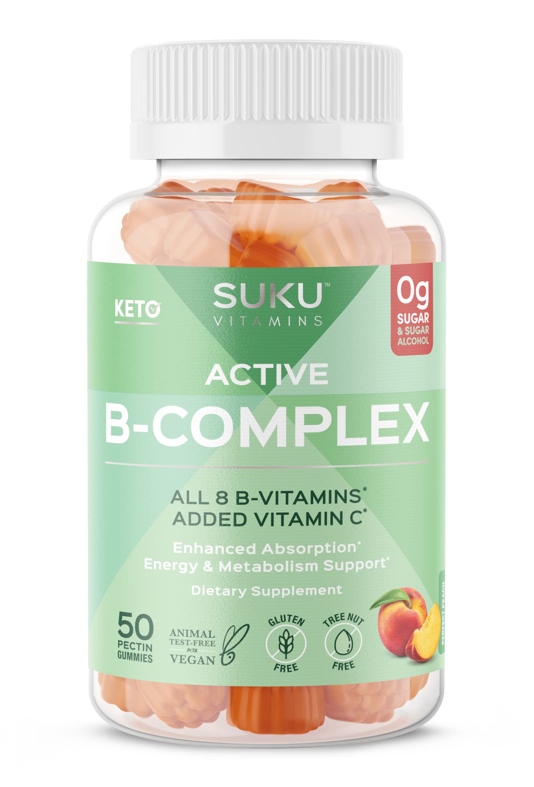 SUKU Vitamin B Complex Gummies with Vitamin C – Sugar Free Vegan 8 B Vitamins Complex Gummy Supplement Increases Cell Development, Improves Metabolism & Collagen Formation, Peach Flavour (50 Gummies)