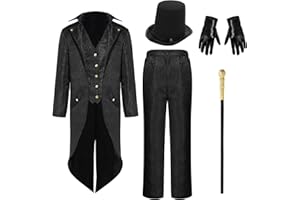 HILLBAN 5 Pcs Men's Steampunk Vintage Tailcoat Jacket Gothic Victorian Uniform Halloween Costume Set Top Hat Gold Walking Cane