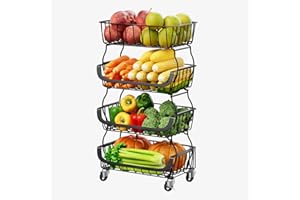 RANXFLOAT Fruit Vegetable Storage Basket, Kitchen Fruit Vegetable Storage Cart, 4 Tier Stackable Metal Wire Storage Baskets with Wheels, Produce Basket Organizer Bins for Pantry, Bathroom, Black