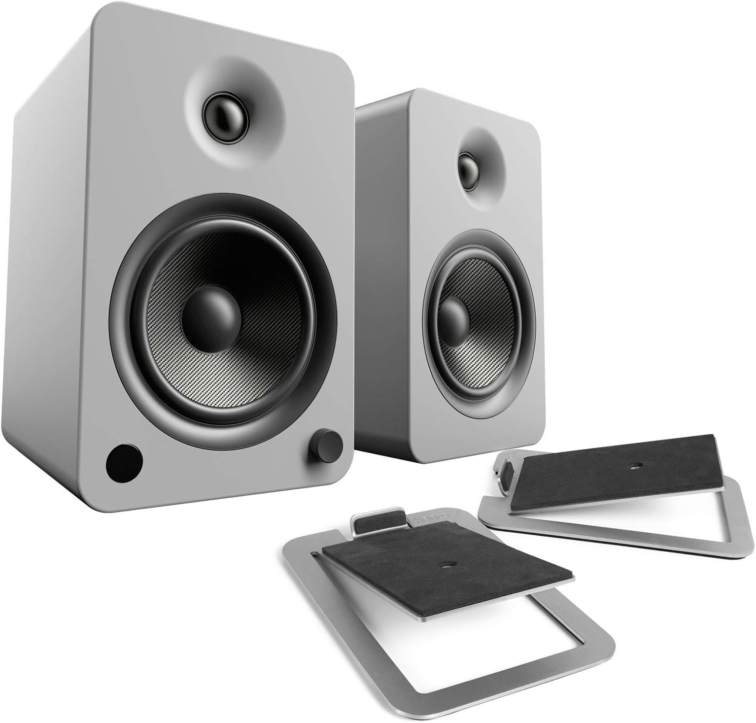 Kanto YU6 Wireless Bluetooth Powered Speaker Bundle with Kanto S4 Desktop Stands - Matte Grey Speakers, Steel Stands