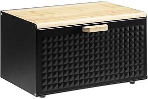 Navaris Metal Bread Bin Container with Bamboo Lid - Large Aesthetic Black Bread Bins for The Kitchen - Bread Box Containers f