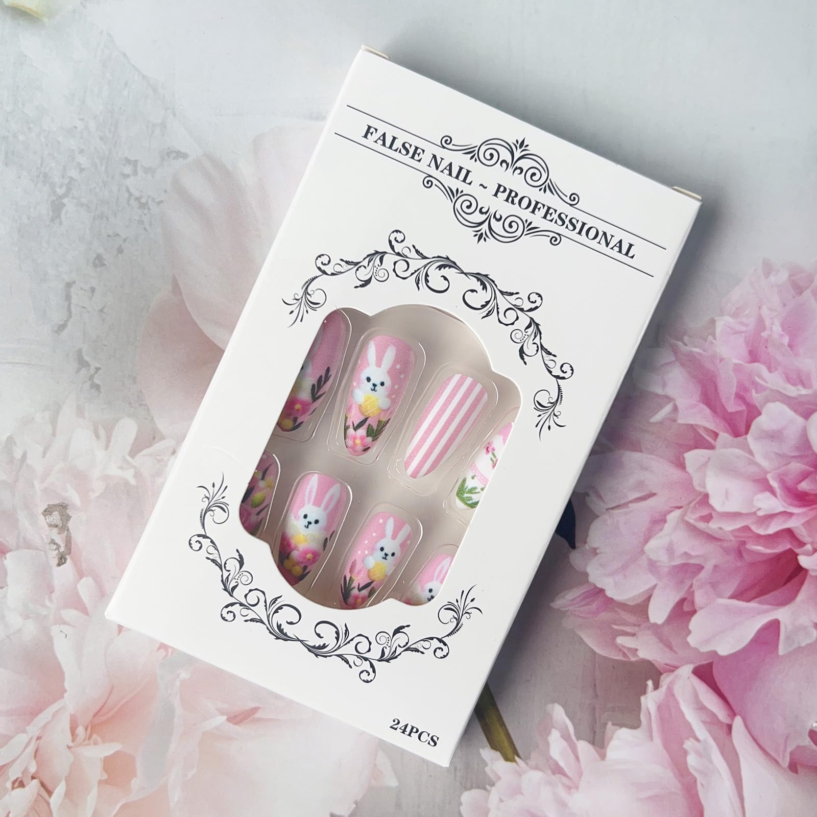 Easter Press on Nails Almond Medium Fake Nails with Cute Bunny Flower Designs Spring Acrylic Glue on Nails Easter Day Manicure False Nails Cute Stick on Nails for Women Nail Art Decoration 24Pcs - Image 6