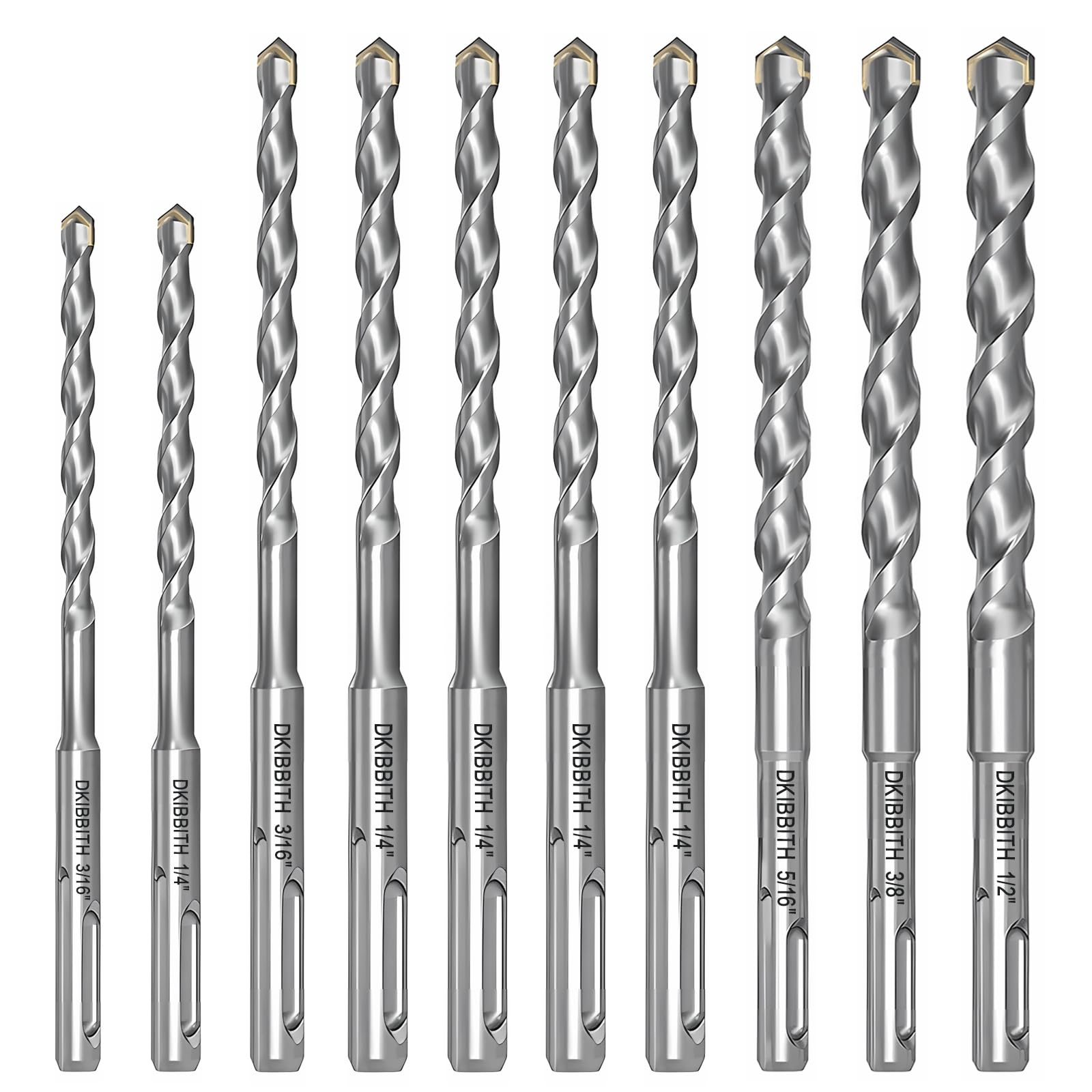 Photo 1 of 10-Piece SDS Plus Drill Bits Rotary Hammer Drill Bit Set, Carbide Tipped for Drilling Concrete Cement Porcelain Tiles Ceramic Pots Stone Brick, Dia 3/16" 1/4" 5/16" 3/8" 1/2"