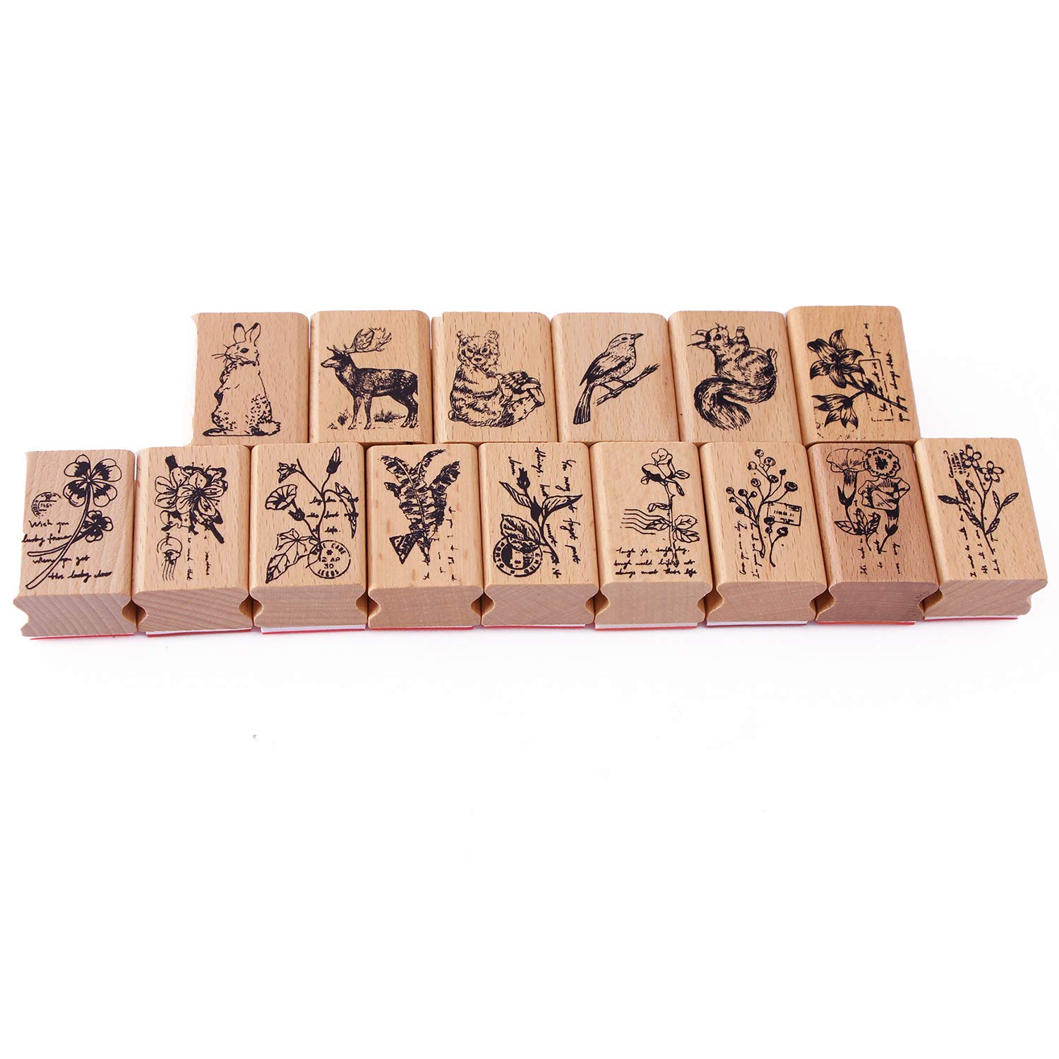 Co-link 15pcs Wood Rubber Stamp DIY Diary Scrapbook Stamp Set Animals and Plants Forest Patterns Wooden Rubber Stamps Set