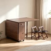 COMUHOME Extendable Drop Leaf Folding Dining Table with 2 Chairs, Folable Dining Table with 2 Drawers and 4 Wheels, Space Saving Table for Living Room Kitchen Farmhouse, Walnut