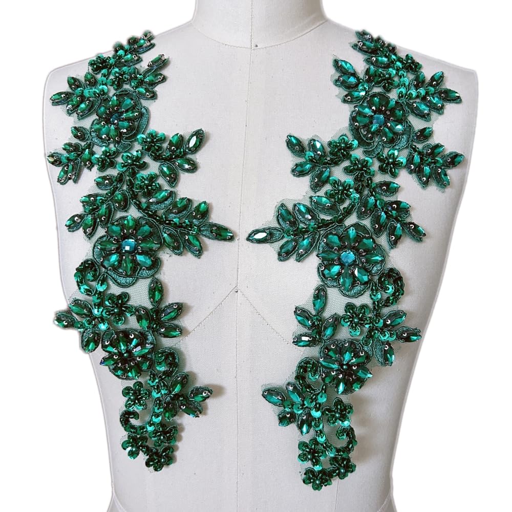 Photo 1 of 1 Pair Rhinestones Lace Applique Accessories Handsewing Glass Beads Stones Trim Patches for DIY Girl Wedding Dress Decorations (Deep Green)
