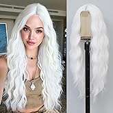 Angzon White Wig 26 Inch Long Wavy Wig for Women - Heat Resistant Synthetic Hair Middle Part Curly Wig Natural Look for Daily Party Cosplay Costume Use