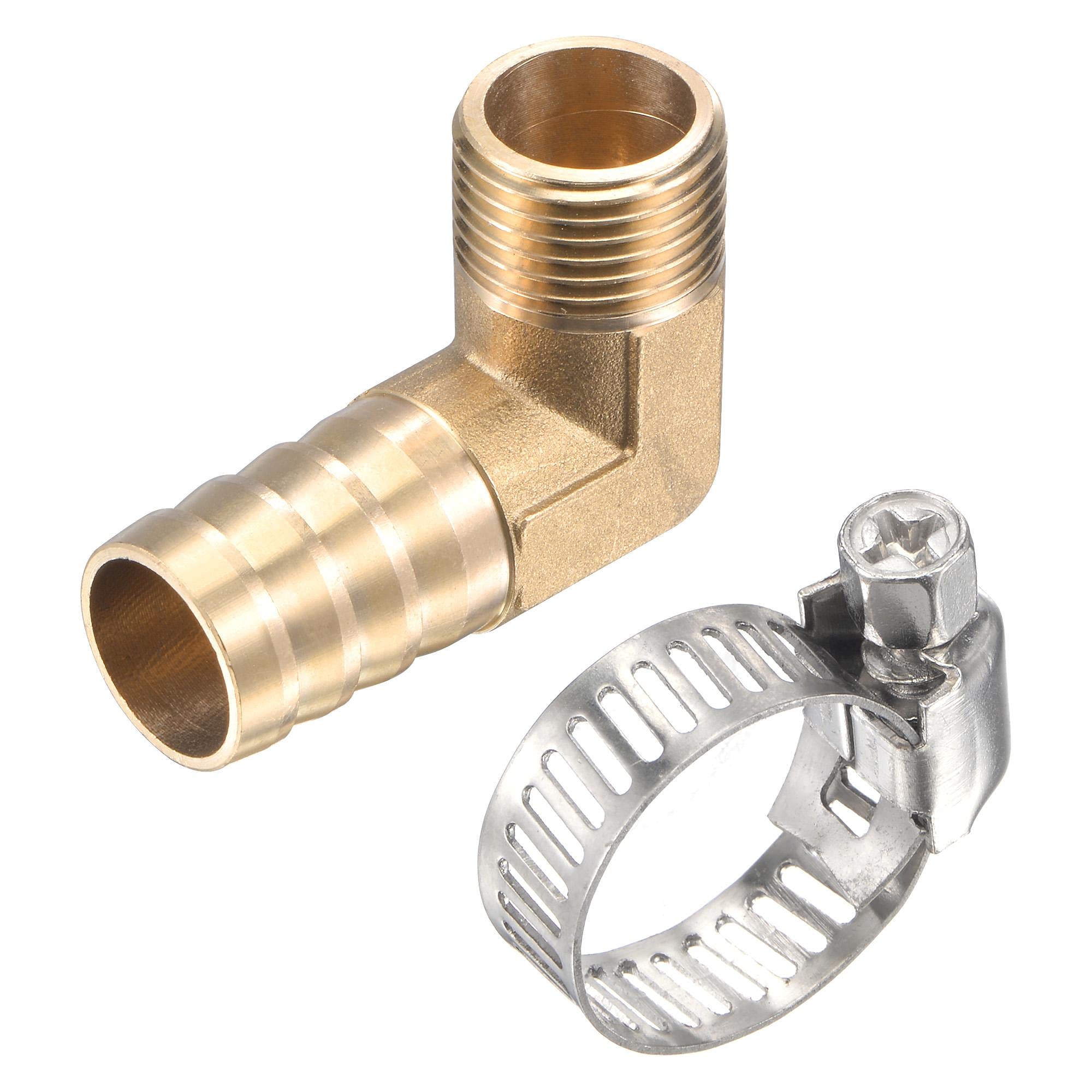 sourcing map Brass Hose Barb Fitting Elbow 19mm x G1/2 Male Thread Right Angle Pipe Connector with Stainless Steel Hose Clamp