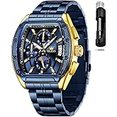 OLEVS Mens Watches Analog Quartz Chronograph Square Dress Watch for Man Stainless Steel or Leather Band Waterproof Luminous Date Male Watch