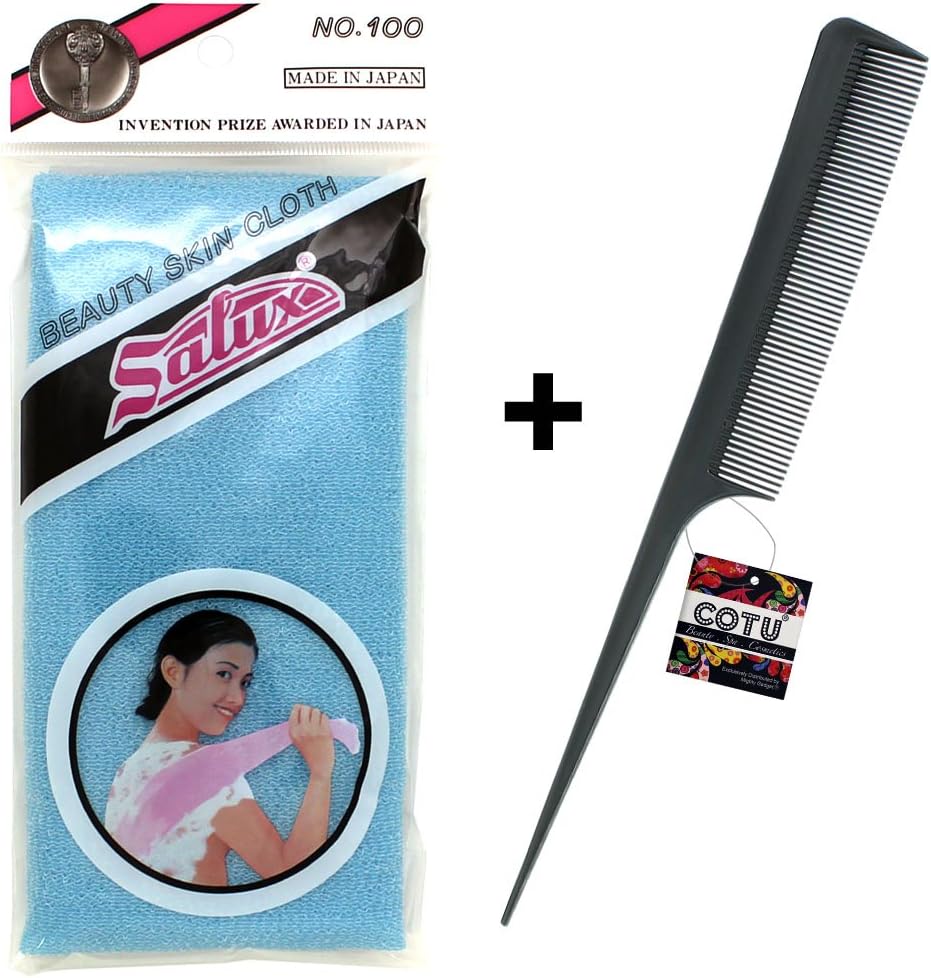 COTU (R) Hair Comb (1 pc) and Authentic Genuine Salux Nylon Japanese Bath Towel - Blue Color (1 pc) Combo Pack