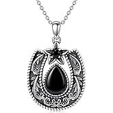 Lvoryance Vintage Horseshoe with Natural Black Onyx Necklace 925 Sterling Silver Retro Western Onyx Horseshoe Necklace with 18+2 inch Chain for Women