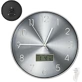WRENYZK 12 Inch Wall Clock, Silent Non-Ticking Analog with LCD Display | Brushed Silver Metal Dial, Precision Quartz Silent Movement, LCD Displays Date Day &amp; Temperature,Ideal for Home Office Living