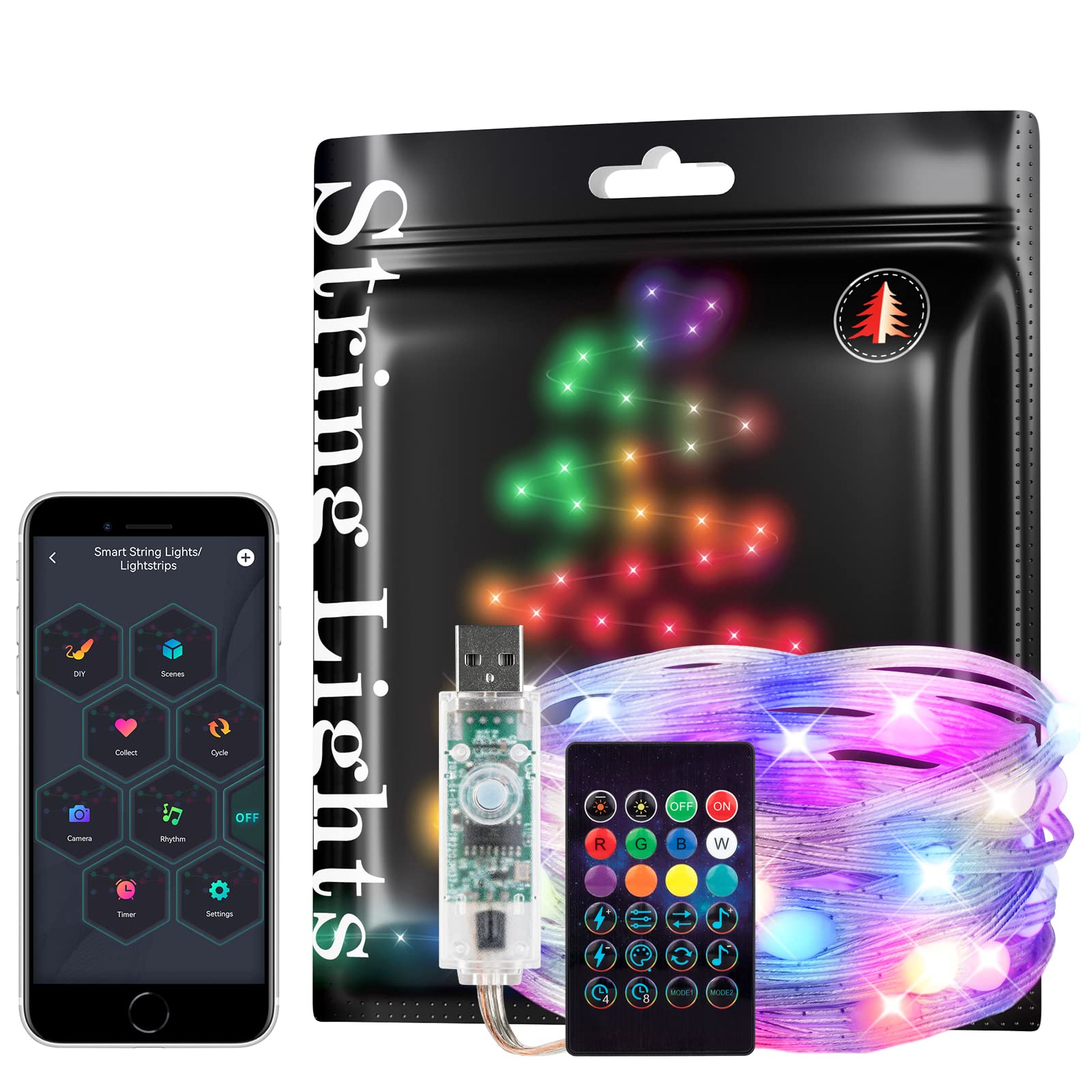 BTF-LIGHTING Intelligent String Lights RGB IC WS2812B IC 5m 50leds USB IP67 Waterproof Transparent Cable USB LED String Lights with 24Buttons LED Remote Music Sync Funny Modes Colour Chasing