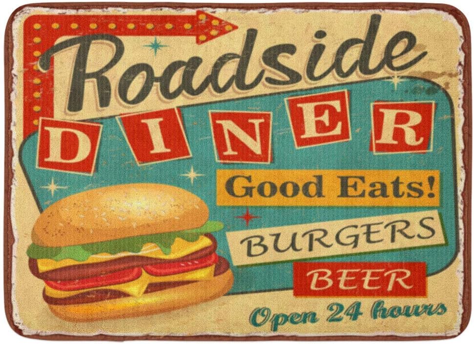 FunnyStar Non-slip 80 x 50cm Bath Mat, Retro Vintage Roadside Diner Metal Sign Burger 1950S Beer Food Lunch Bathroom Mats Shower Rug