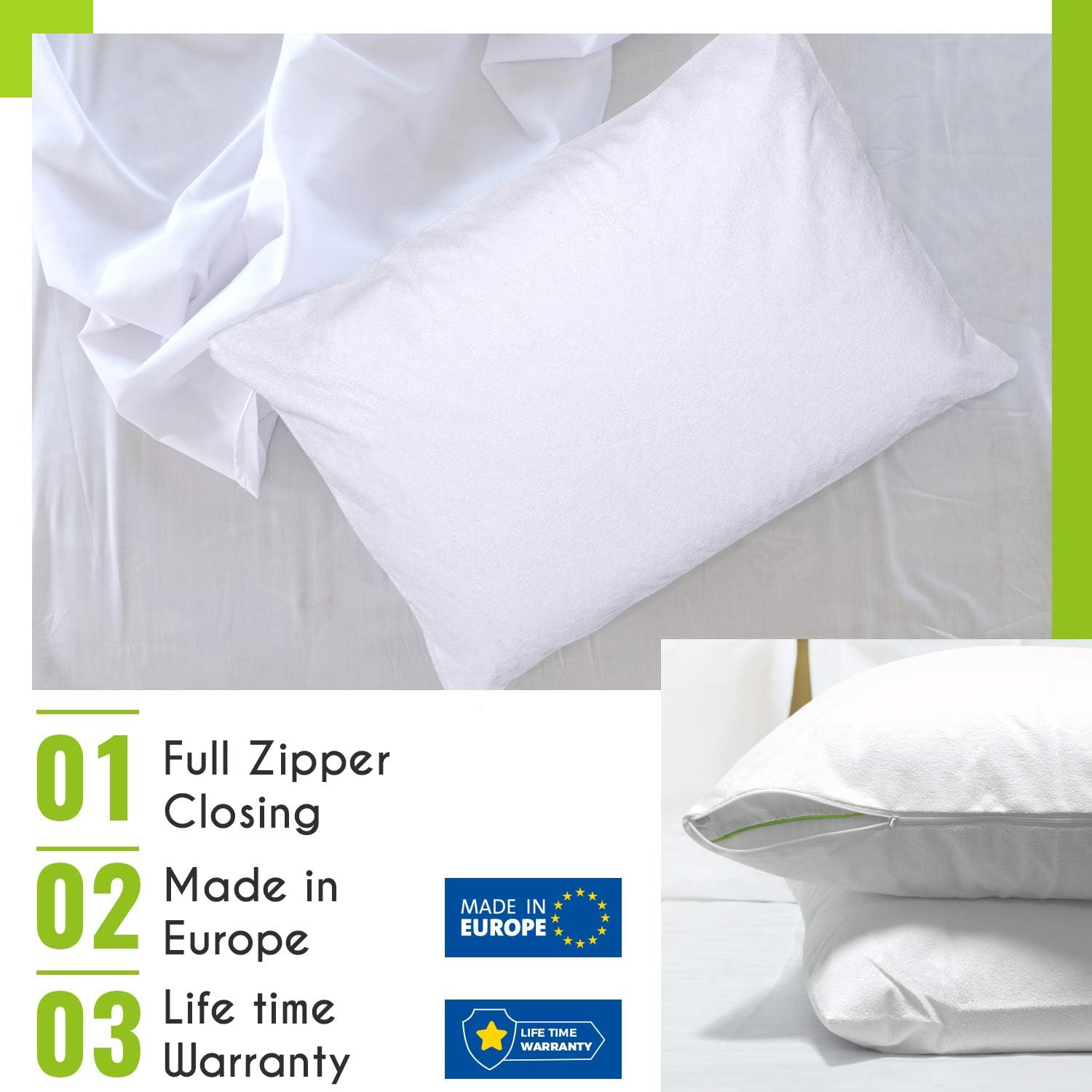 ZenPur Pillow Protectors 2 Pack 100% Waterproof, Zippered Pillow Cases 50x70cm, Breathable, Hypoallergenic, Anti-mite - Image 3