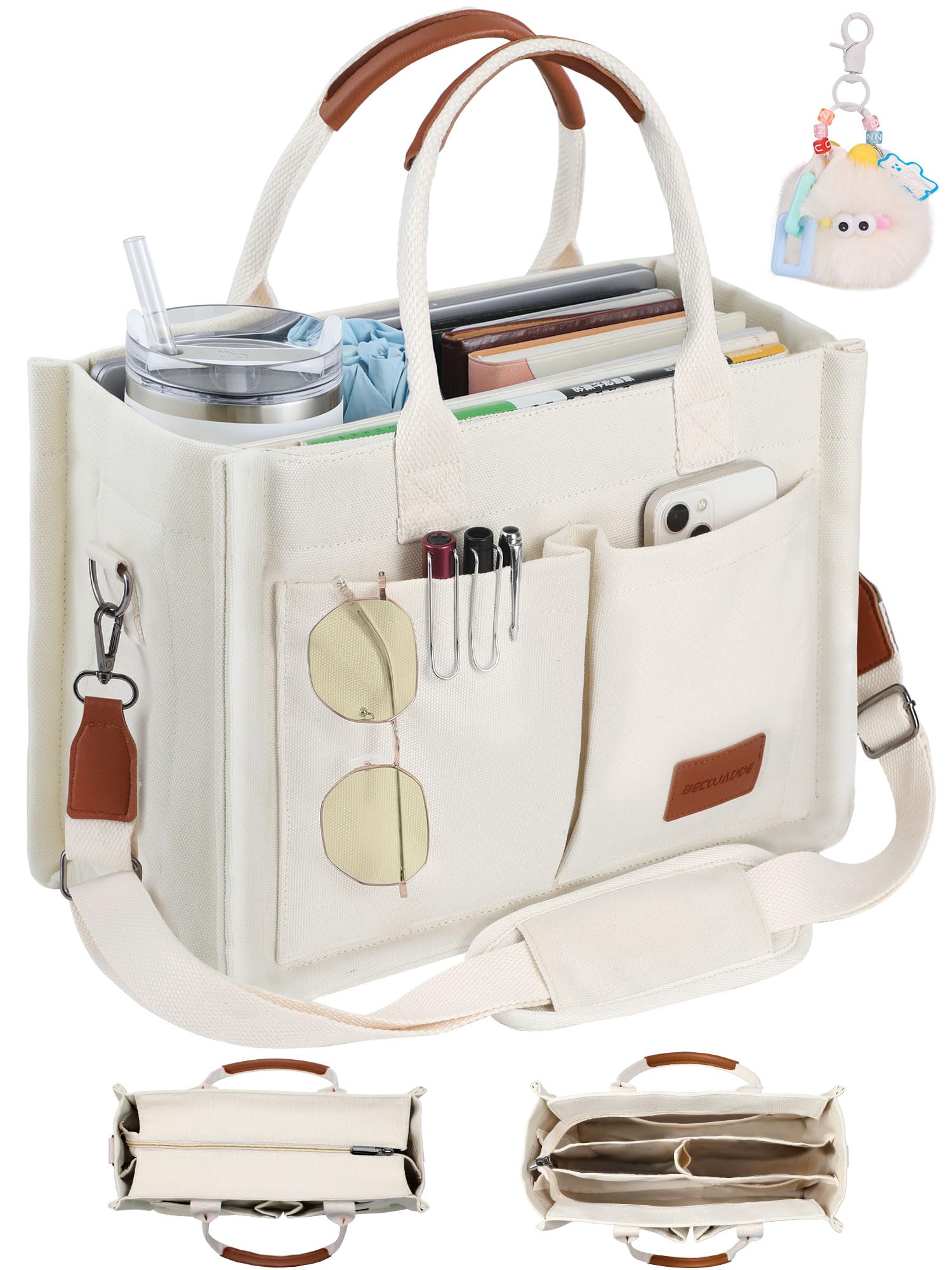 Photo 1 of BECOJADDE Canvas Tote Bag Purse for Women with Zipper Closure, Individual Compartments, Detachable Strap & Bottom Support, Ideal for Work, School, Travel, Daily, College, Bible Beige Medium