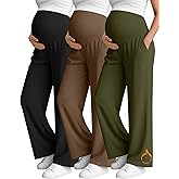 Oakgarden 3 Pack Women's Fleece Maternity Pants, Over The Belly Pregnancy Thermal Wide Leg Lounge Pants with Pockets