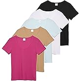 Real Essentials 5 Pack: Women's Ribbed V-Neck T-Shirt Short Sleeve Tee Shirt Soft Casual Lounge Everyday Top Ladies Teens