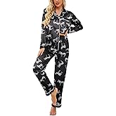 Ekouaer Womens Satin Pajama Set Classic Pattern Silky Pj Sets Button Down Sleepwear Loungewear