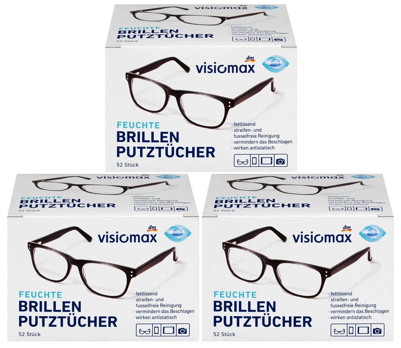 Pack of 52 x Cleaning Wipes for Glasses / Moist and Grease-Soluble / for all Glasses Lenses made from Glass or Plastic, 3 pack