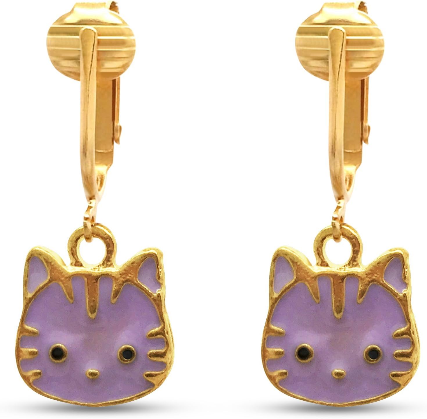 Cute Cats Clip On Earrings for Ladies- Hand-painted Metal Charms w Adjustable Comfort Clips