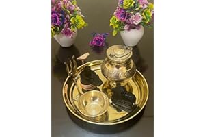 IDAHA Brass Pooja Thali Set with Nandi Shivling and Gangajali trishukaotri, Gold Plated