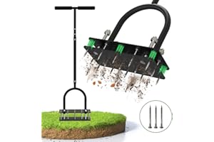 TOPHDY Aerator Lawn Tool Lawn Aerator-Automatic Dirt and Leaf Clean Design, Heavy Duty Manual Grass Aerator with 15 Iron Spikes, Height Adjustable, Yard Aerator Tool for Lawn（Black）